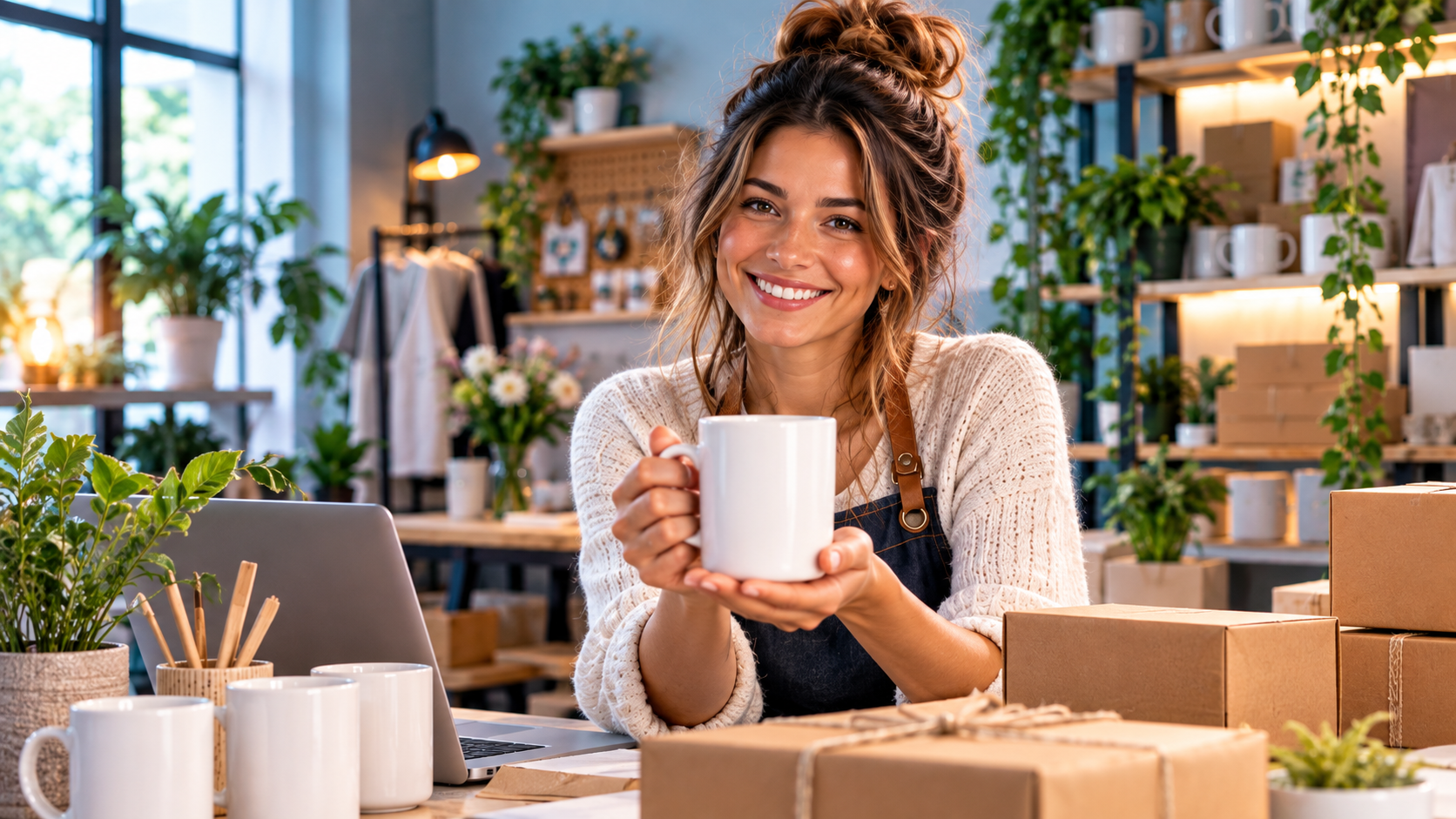 Independent seller presenting a product in her studio