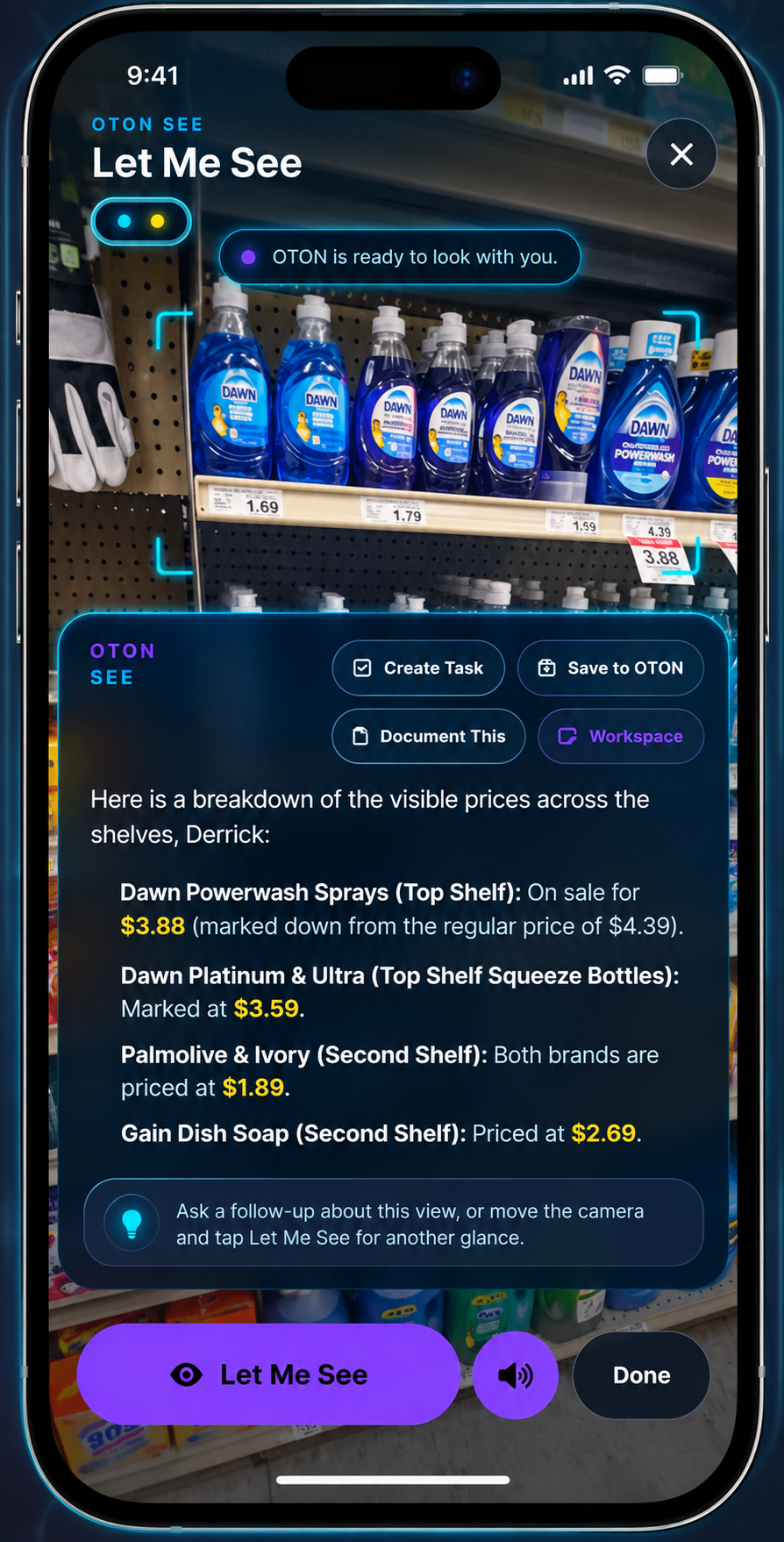 Promotional smartphone mockup of OTON SEE analyzing dish soap prices on a store shelf