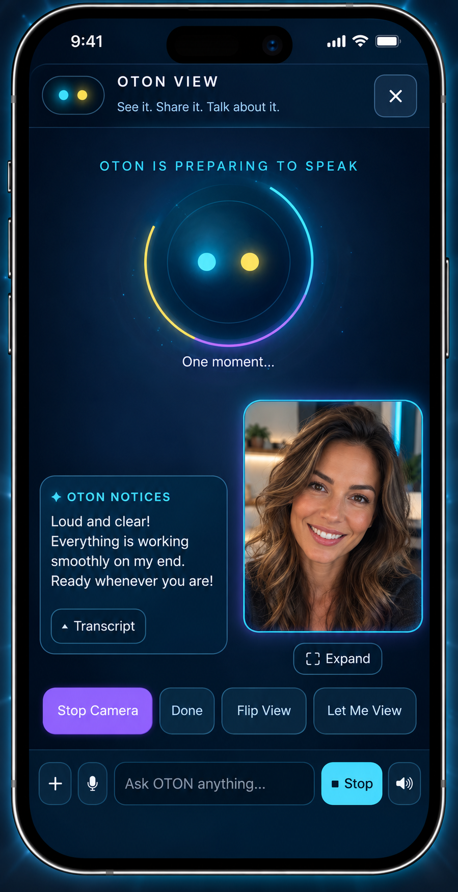 Promotional smartphone mockup of OTON VIEW with its animated cyan-and-yellow presence, face-to-face camera preview, and OTON Notices